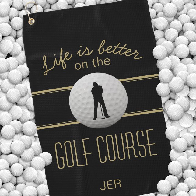Life is Better Quote Golfer Monogram Black Gold Golf Towel (Life is Better Quote Golfer Monogram Black Gold Golf Towel)