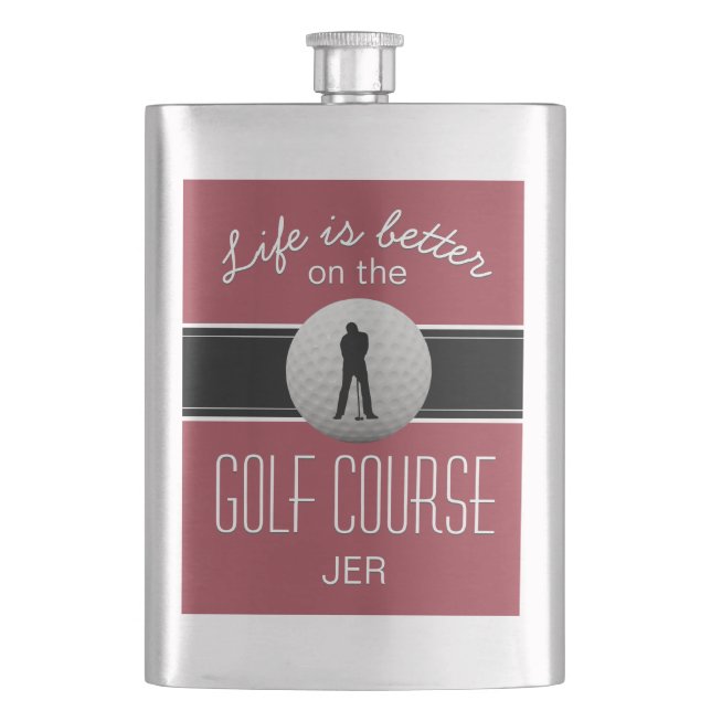 Life is Better Quote Golfing Monogram Crimson Red Flask (Front)