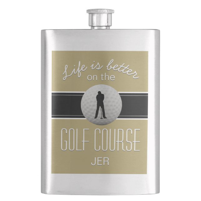Life is Better Quote Golfing Monogram Gold Black Flask (Front)