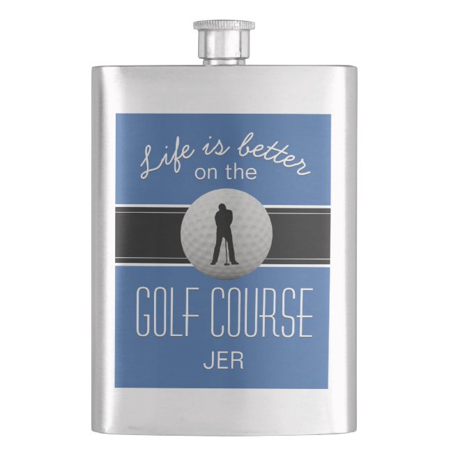 Life is Better Quote Golfing Monogram Royal Blue Flask (Front)