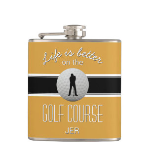 Life is Better Quote Golfing Monogram Yellow Black Flask
