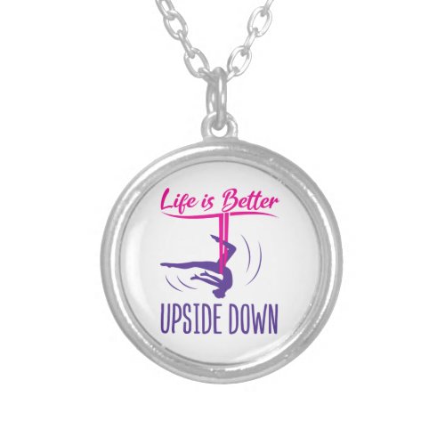 Life Is Better Upside Down Aerial Yoga Silver Plated Necklace