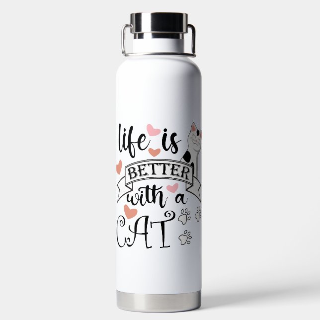Life is Better With a Cat quote slogan Water Bottle (Back)