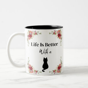 Life Is Better With A Cat Silhouette Floral Two-Tone Coffee Mug