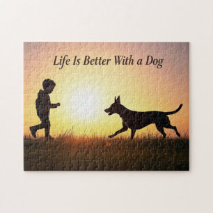 Life Is Better With a Dog, boy and sunshine Jigsaw Puzzle