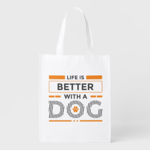 Life is better with a dog gray and orange modern grocery bag