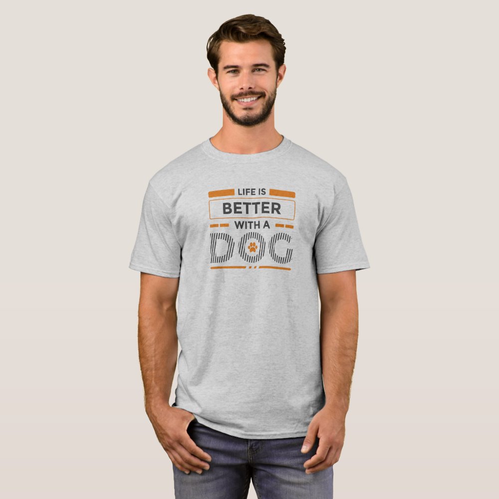 Life is better with a dog modern gray and orange Personalized T-Shirt