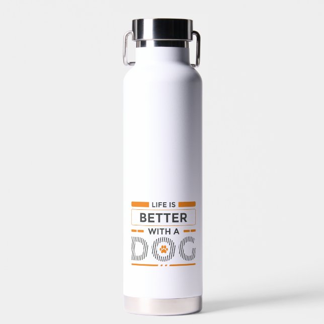 Life is better with a dog modern gray and orange  water bottle (Front)