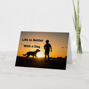 Life Is Better With a Dog, young boy, sunset Foil Greeting Card