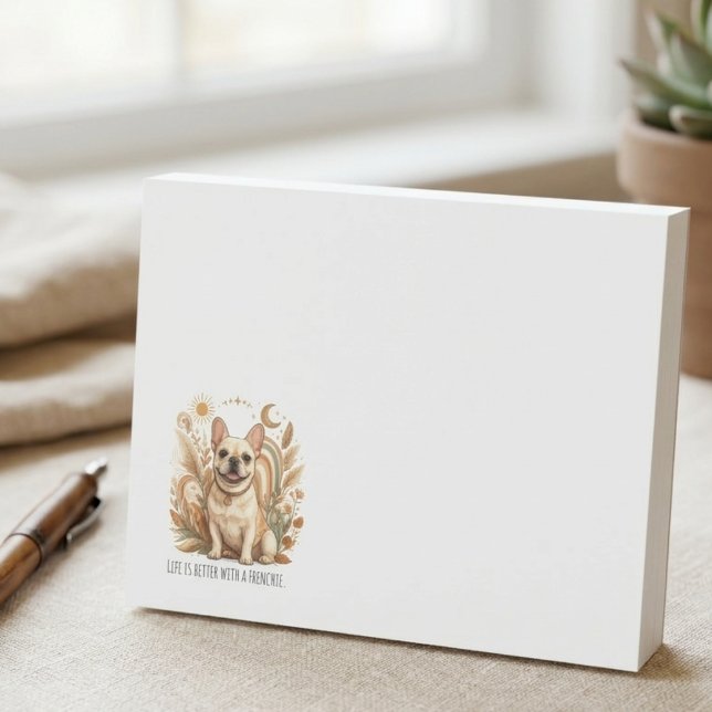 Life Is Better With A Frenchie Boho Art Post-it Notes (A cozy desk notepad for Frenchie lovers, perfect for jotting down reminders throughout the workday.)