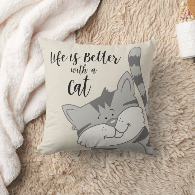 Life is better with a Gray Tiger Cat Throw Pillow (Blanket)