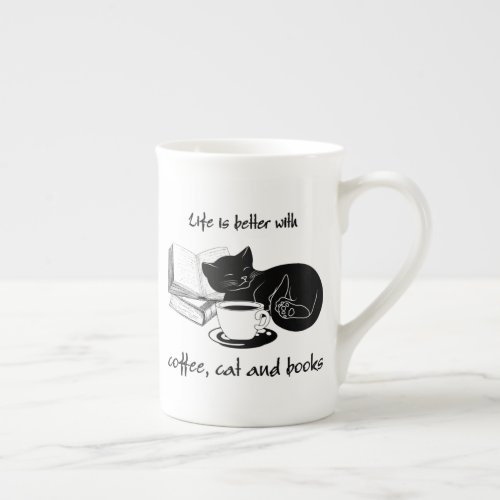LIFE IS BETTER WITH CAT COFFEE AND BOOKS BONE CHINA MUG