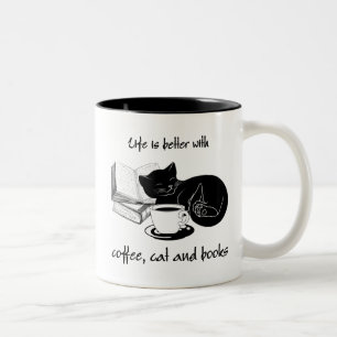 LIFE IS BETTER WITH CAT COFFEE AND BOOKS Two-Tone COFFEE MUG