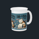 Life is Better with Cats Cute Cat Aesthetic Beverage Pitcher<br><div class="desc">This adorable cute cat illustration features two happy feline friends sitting close together, radiating warmth and companionship. Surrounded by floating hearts, this aesthetic cat design perfectly captures the joy of being a cat lover. The soft, hand-drawn style paired with the phrase "Life is Better with Cats" makes it a heartwarming...</div>