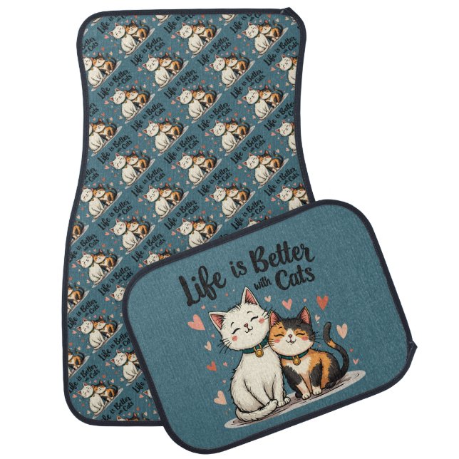 Life is Better with Cats Cute Cat Aesthetic, Blue Car Floor Mat (Set)