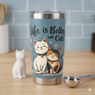 Life is Better with Cats Cute Cat Aesthetic, Blue Insulated Tumbler