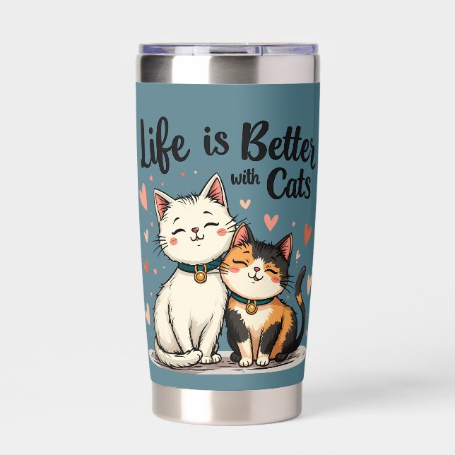 Life is Better with Cats Cute Cat Aesthetic, Blue Insulated Tumbler (Front)