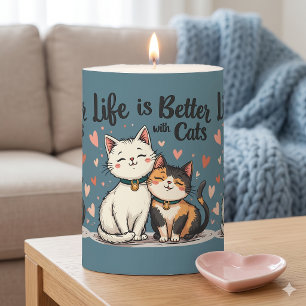 Life is Better with Cats Cute Cat Aesthetic, Blue Pillar Candle