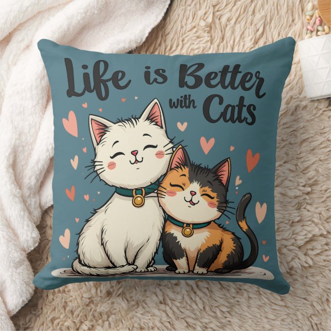 Life is Better with Cats Cute Cat Aesthetic, Blue Throw Pillow (Blanket)
