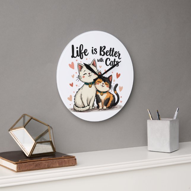 Life is Better with Cats Cute Cat Aesthetic Large Clock (Office)