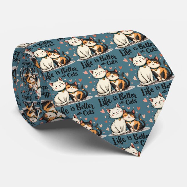 Life is Better with Cats Cute Cat Aesthetic Neck Tie (Rolled)