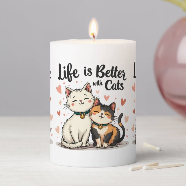 Life is Better with Cats Cute Cat Aesthetic Pillar Candle (In Situ)
