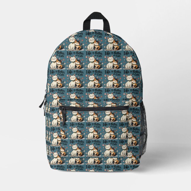 Life is Better with Cats Cute Cat Aesthetic Printed Backpack (Front)