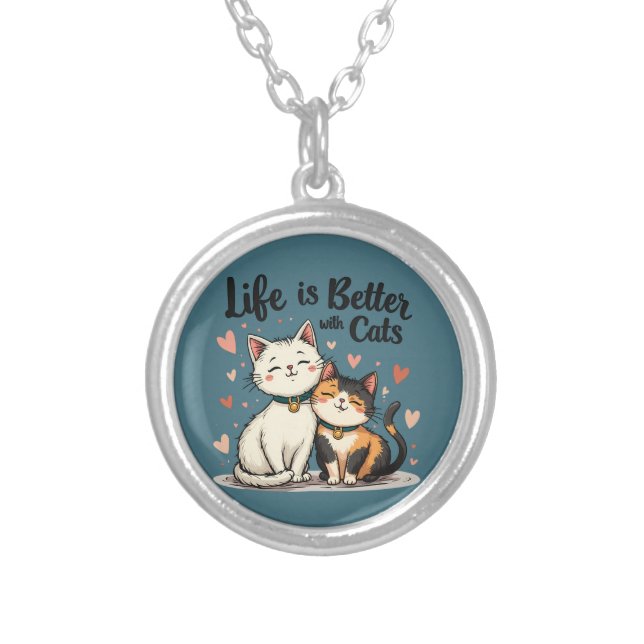 Life is Better with Cats Cute Cat Aesthetic Silver Plated Necklace (Front)
