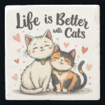 Life is Better with Cats Cute Cat Aesthetic Stone Coaster<br><div class="desc">This adorable cute cat illustration features two happy feline friends sitting close together, radiating warmth and companionship. Surrounded by floating hearts, this aesthetic cat design perfectly captures the joy of being a cat lover. The soft, hand-drawn style paired with the phrase "Life is Better with Cats" makes it a heartwarming...</div>
