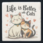 Life is Better with Cats Cute Cat Aesthetic Stone Coaster<br><div class="desc">This adorable cute cat illustration features two happy feline friends sitting close together, radiating warmth and companionship. Surrounded by floating hearts, this aesthetic cat design perfectly captures the joy of being a cat lover. The soft, hand-drawn style paired with the phrase "Life is Better with Cats" makes it a heartwarming...</div>
