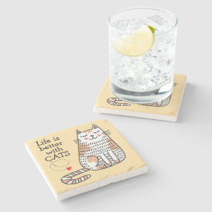 Life Is Better With Cats Doodle Stone Coaster