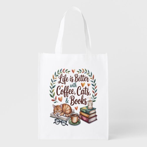Life Is Better with Coffee Cats Books Grocery Bag