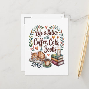 Life Is Better with Coffee Cats Books Holiday Postcard
