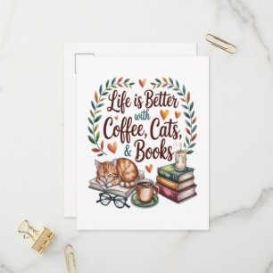 Life Is Better with Coffee Cats Books Invitation Postcard