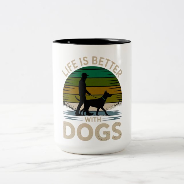 Life Is Better With Dogs Retro Silhouette Coffee M Two-Tone Coffee Mug (Center)