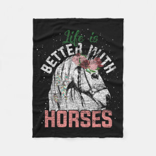 Life Is Better With Horses Horseback Riding Flower Fleece Blanket