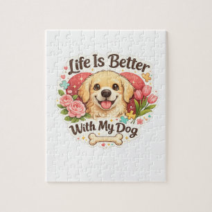 Life Is Better With My Dog Cute Golden Retriever P Jigsaw Puzzle