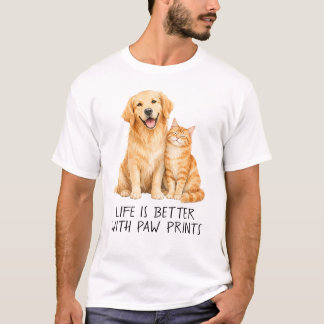 Life Is Better With Paw Prints Watercolor Dog & Ca T-Shirt