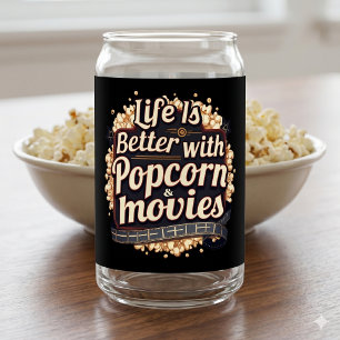 Life Is Better with Popcorn & Movies Retro Design Can Glass
