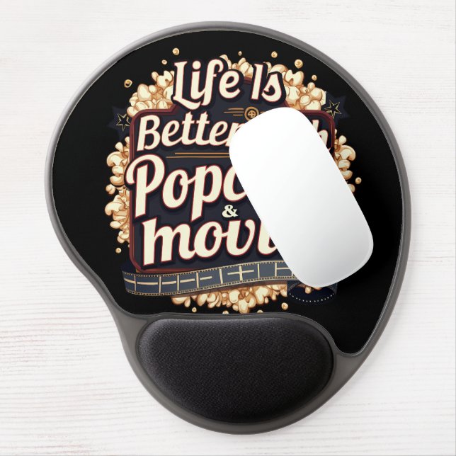 Life Is Better with Popcorn & Movies Retro Design Gel Mouse Pad (Left Side)