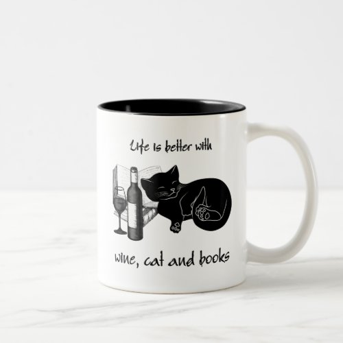 LIFE IS BETTER WITH WINE CAT AND BOOKS Two_Tone COFFEE MUG