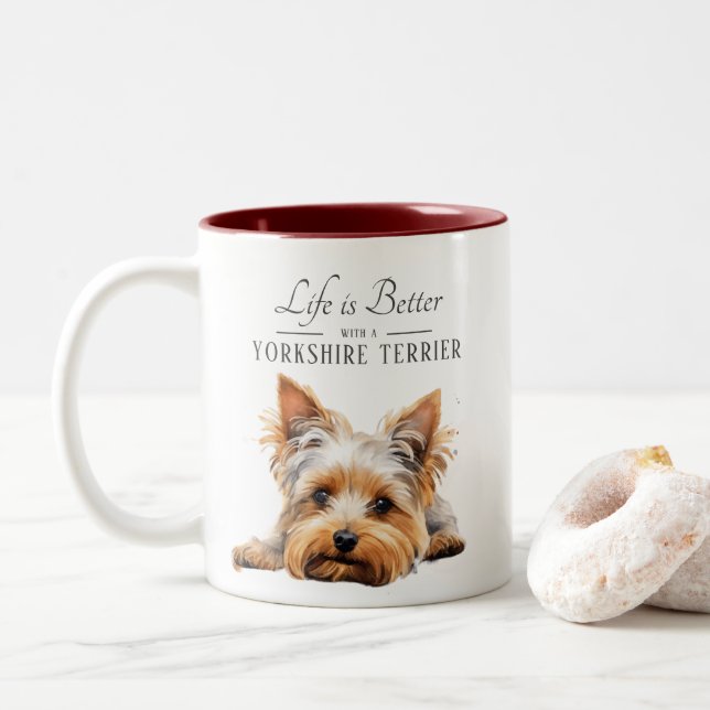 Life is Better Yorkshire Terrier Two-Tone Coffee Mug (With Donut)