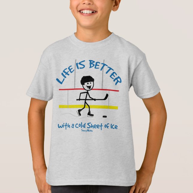 Life is Better Youth Hockey Player Cartoon T-Shirt (Front)
