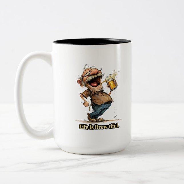 Life Is Brew-tiful Funny Beer Cartoon Tee Two-Tone Coffee Mug (Left)