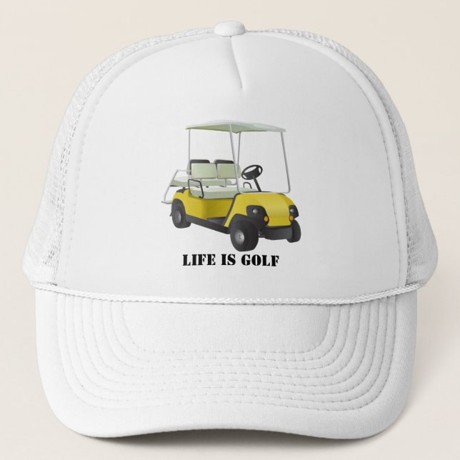 Life is Golf Golfer Cart Yellow White Ball Cap (Front)