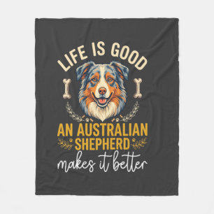 Life Is Good Australian Shepherd Dog Bone Fleece Blanket