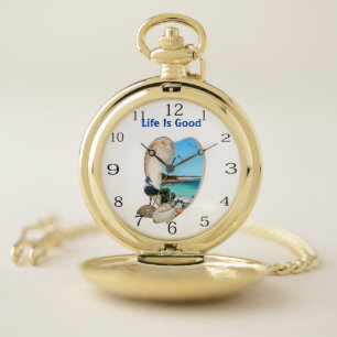 Life Is Good, Beach Scene In Beach Shell, Pocket Watch