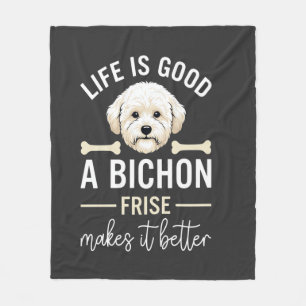 Life Is Good Bichon Frise Dog Bones White Fur Fleece Blanket