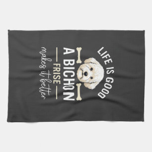 Life Is Good Bichon Frise Dog Bones White Fur Kitchen Towel