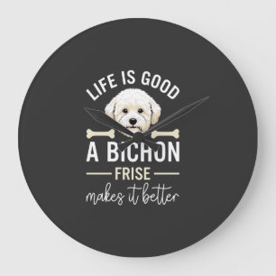 Life Is Good Bichon Frise Dog Bones White Fur Large Clock